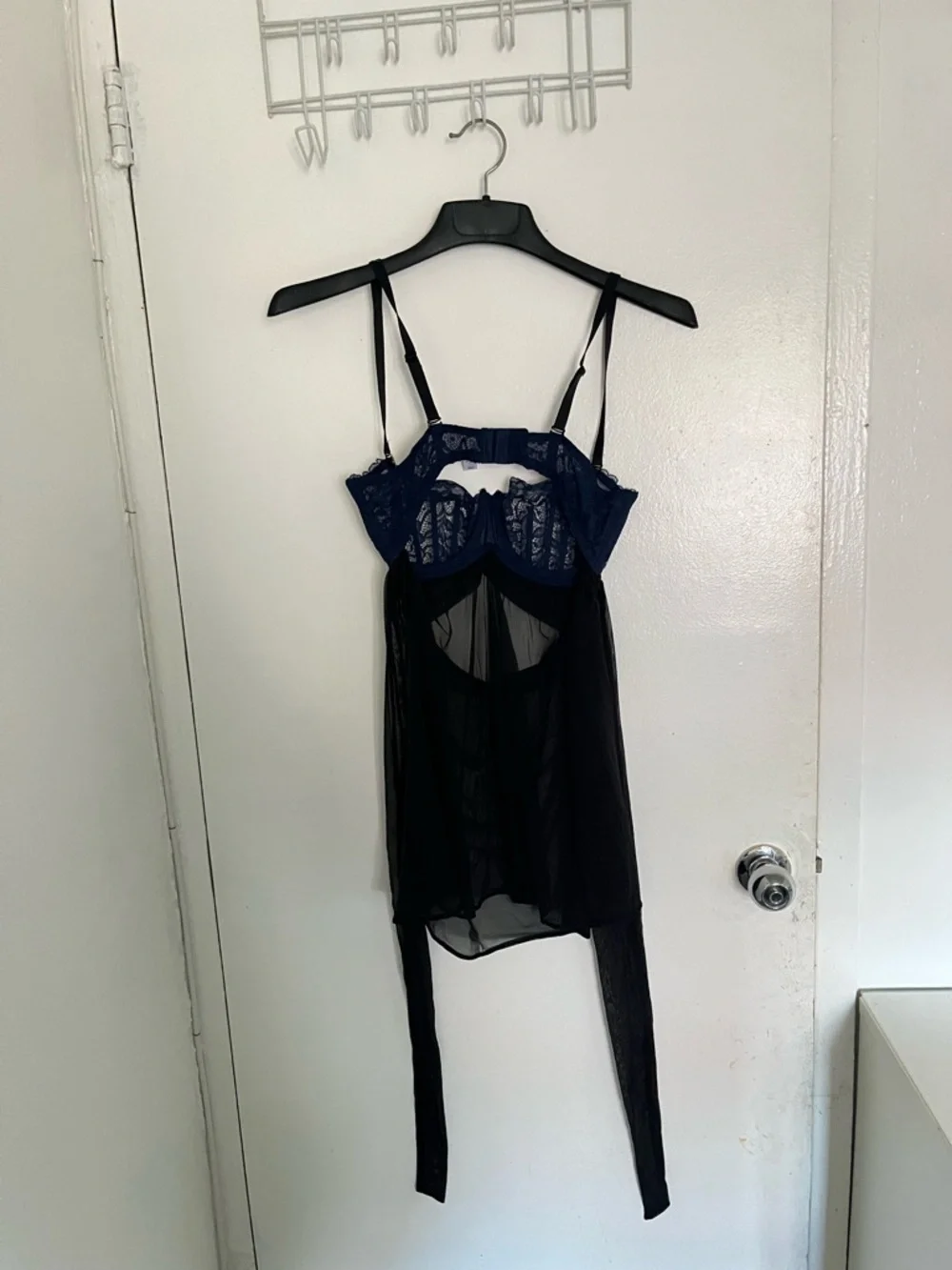 Adore Me Sheer Black Babydoll Chemise with Navy Lace Bust